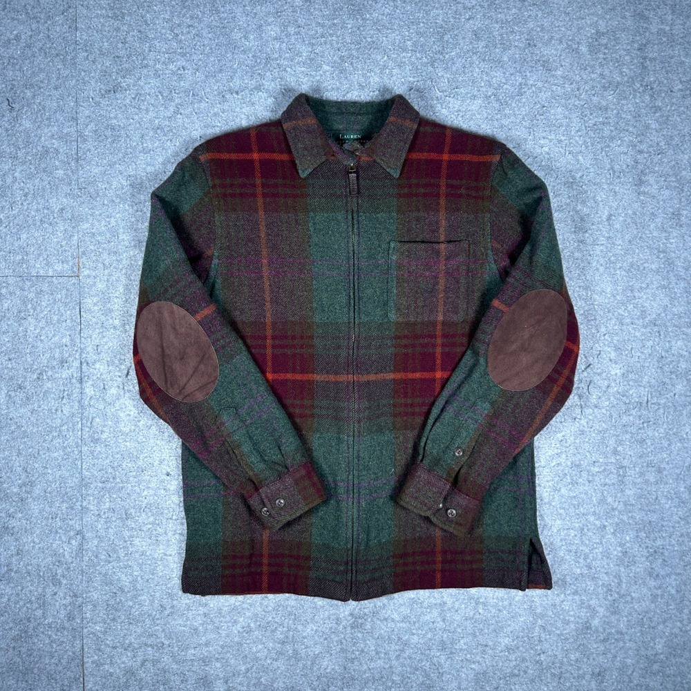 Lauren Ralph Lauren Jacket Women S Green Plaid Lambswool Leather Elbow Patch Zip